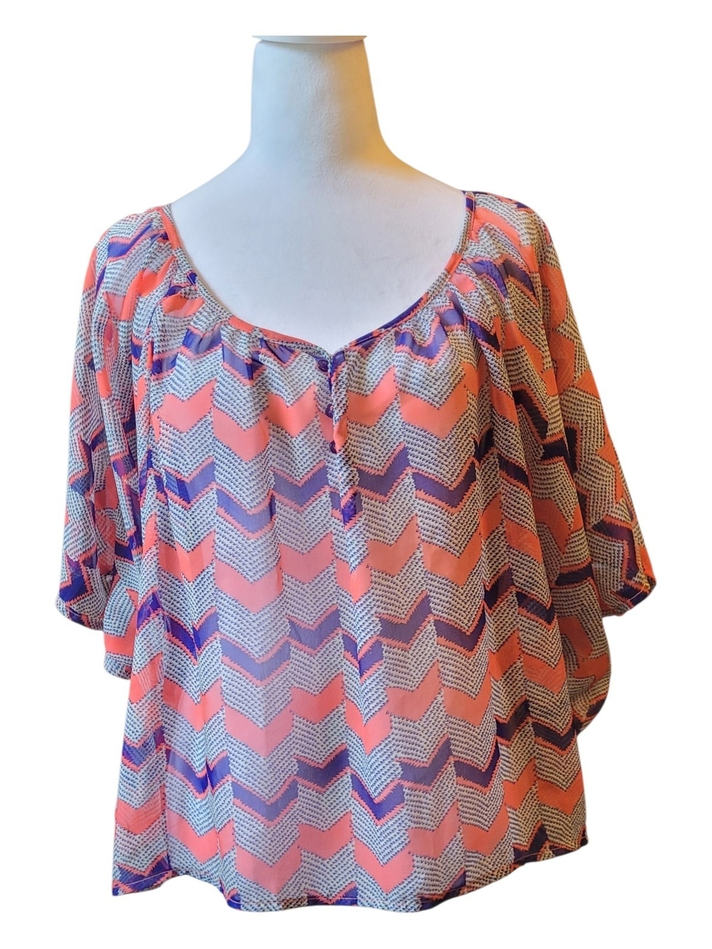 Dex Coral and Purple Chevron Peasant Blouse